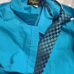 RAFAEL Teal Boys Dress Shirt with Patterned Tie, Size 14